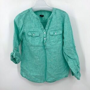 Talbots 100% Linen Roll Tab Sleeve Button Up Collarless Shirt Seafoam Green SP